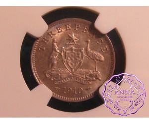 Australia 1910 Edward VII Threepence NGC  MS67
