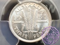Australia 1951 M Threepence PCGS MS63 Australia 1951 M Threepence PCGS MS63