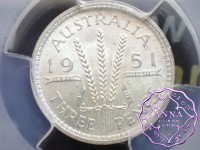Australia 1951 PL Threepence PCGS MS64 Australia 1951 PL Threepence PCGS MS64