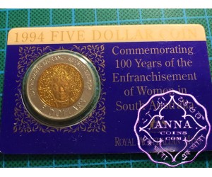 Australia 1994 Womens Enfranchisement 5 Dollar Bi Metal Coin on Card of Issue