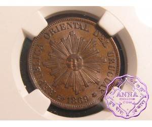 Uruguay1869 A Republic Set of 1 2 & 4 Centesimos NGC AU-MS64BN (3 Coins)