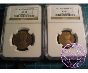 Martinique 1897 French Colony 50C & 1 Franc Pair NGC MS63