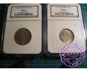 Reunion 1896 French Department 50C & 1 Franc Pair NGC MS64