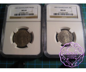 Guadeloupe1903 French Colony 50C & 1 Franc Pair NGC MS64