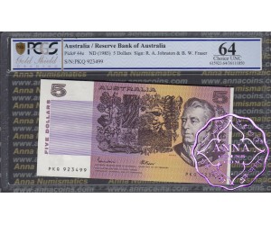 1985 $5 R209a Johnston/Fraser PCGS 64