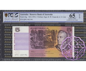 1991 $5 R213L Fraser/Cole QPG PCGS 65 OPQ