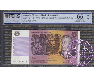 1991 $5 R213L Fraser/Cole QPG PCGS 66 OPQ