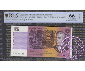 1991 $5 R213 Fraser/Cole Pair 999-000 PCGS 66 OPQ