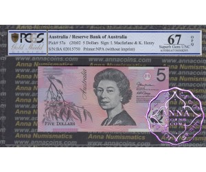 2002 $5 220aF Macfarlane/Henry PCGS 67 OPQ