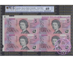 1996 $5 U14 Fraser/Evans Uncut of 4 Red X2 PCGS 68/69 OPQ inc EA