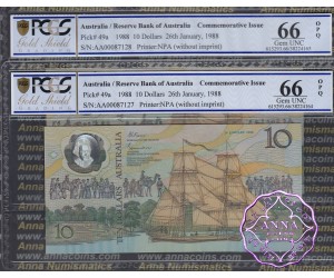 1988 $10 AA00 Johnston/Fraser Pair PCGS 66 OPQ
