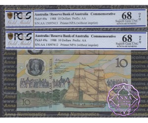 1988 AA$10 Johnston/Fraser Pair PCGS 68 OPQ