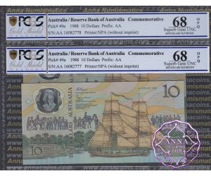 1988 AA$10 Johnston/Fraser Pair PCGS 68 OPQ