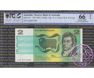 1985 $2 R89L Johnston/Fraser PCGS 66 OPQ