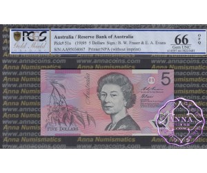 1995 $5 R217aF AA95 Fraser/Evans PCGS 66 OPQ