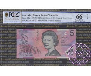 1995 $5 AA95 Fraser/Evans Red Opt PCGS 66 OPQ