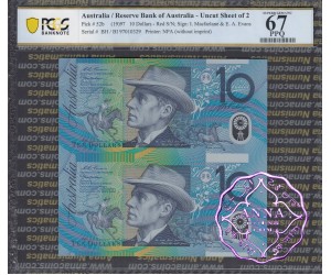 1997 $10 U21 Macfarlane/Evans Uncut of 2 Red PCGS 67 OPQ