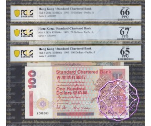 Hong Kong 1993 Chartered Bank $10,20,100 Matching Set PCGS 65-67