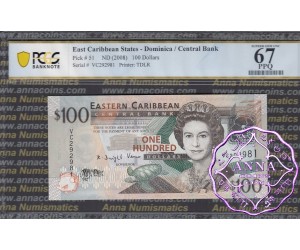East Caribbean 2008 Dominica Central Bank $100 PCGS 67 PPQ