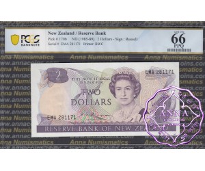 New Zealand 1985 S.T.Russell $2 P170b PCGS 66 PPQ