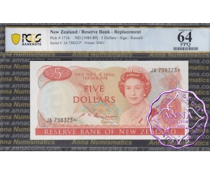 New Zealand 1985 S.T.Russell $5 P171b JA* PCGS 64 PPQ