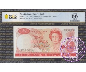 New Zealand 1989 D.T.Brash $5 P171c JHG PCGS 66 PPQ
