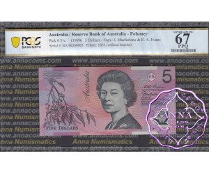 1996 $5 R218aF Macfarlane/Evans PCGS 67 OPQ
