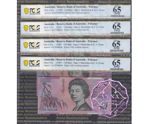 1997 $5 R218bT Macfarlane/Evans Test Notes Matching Set of 4 PCGS 65 OPQ