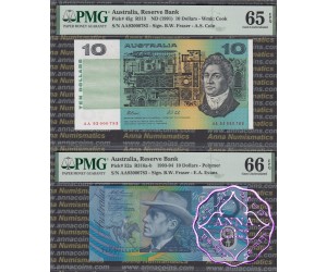 1991 & 1999 $10 Red AA93000783 Matching Pair PMG