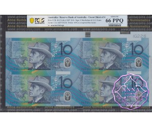 1997 $10 U20 Macfarlane/Evans Uncut of 4 Blue PCGS 66 OPQ