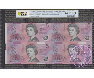 1996 $5 U15 Fraser/Evans Uncut of 4 PCGS 64 OPQ