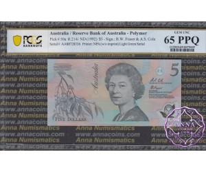 1992 $5 R214i Fraser/Cole Light Green Serials PCGS 65 PPQ