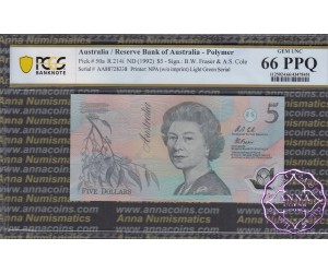 1992 $5 R214i Fraser/Cole Light Green Serials PCGS 66 PPQ
