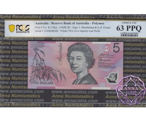 1998 $5 R218cL EA98 Macfarlane/Evans PCGS 63 OPQ