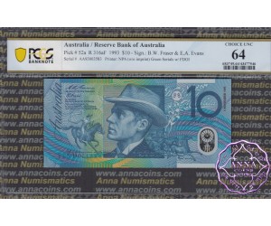 1993 $10 AA93 Opt Fraser/Evans PCGS 64