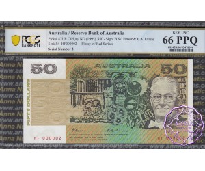 1993 $50 Fraser/Evans Red HF PCGS 66 PPQ & Stamps No2