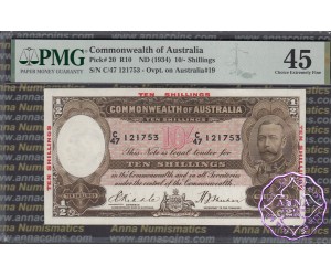 1934 R10 Red Opt Ten Shillings Riddle/Sheehan PMG45 GXF