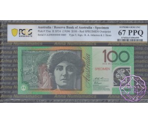 1996 $100 Specimen Fraser/Evans PCGS 67 PPQ, Folder & COV