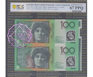 1999 $100 U13 Macfarlane/Evans Uncut of 2 Red PCGS 67 PPQ