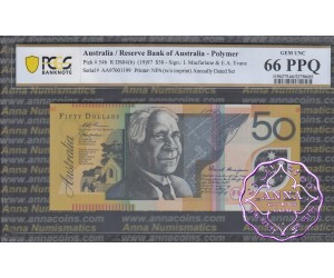 1997 $50 R518bF AA97 Macfarlane/Evans PCGS 66 PPQ