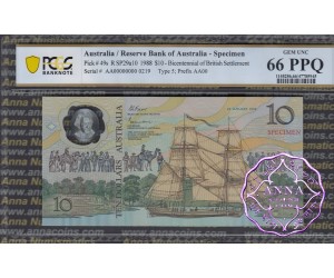 1988 Specimen AA$10 PCGS 66 PPQ, Folder & CoA