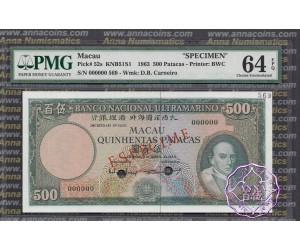 Macau 1963 Banco Nacional Ultramarino 500 Patacas Specimen PMG64 EPQ