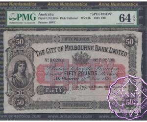 Australia 19.6.1893 City of Melbourne Bank Specimen Limited 50 Pounds PMG64