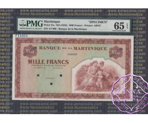 Martinique 1942 Specimen 1000 Francs PMG65