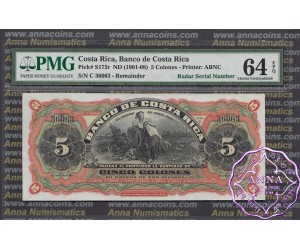 Costa Rica 1901 Banco De Costa Rica 5 Colones PMG 64 Radar# 36063