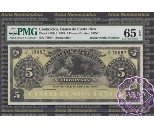 Costa Rica 1899 Banco De Costa Rica 5 Pesos PMG 65  Radar# 79997