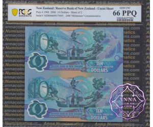 New Zealand 2000 Red NZ$10 Millennium Uncut of 2 PCGS 66 PPQ