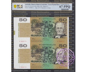 1994 $50 Fraser/Evans Uncut of 2 Red PCGS 67 OPQ