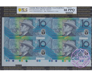 1997 $10 U21 Macfarlane/Evans Uncut of 4 Red PCGS 66 PPQ 111