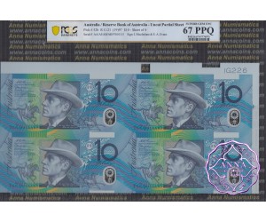 1997 $10 U20 Macfarlane/Evans Uncut of 4 Blue PCGS 67 OPQ